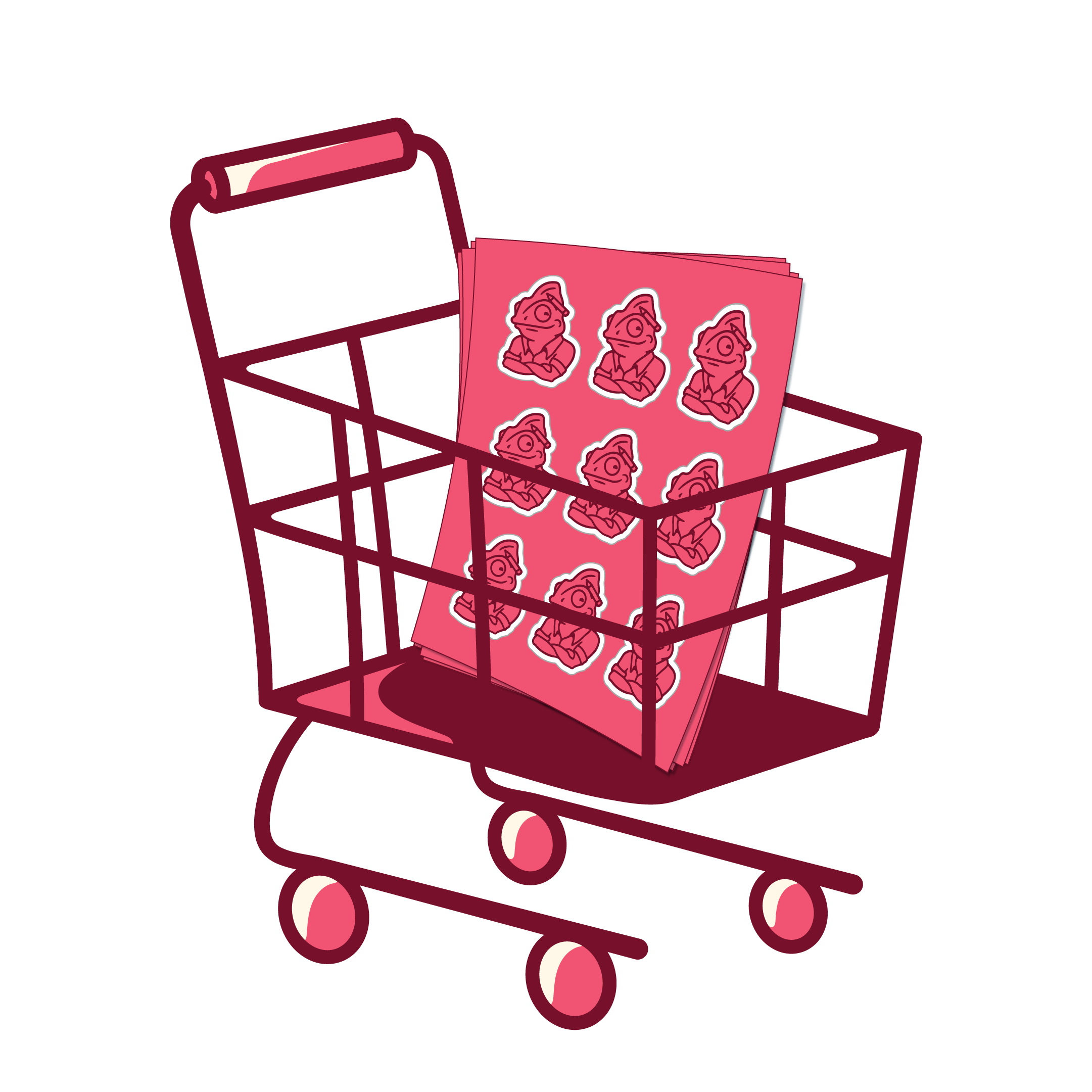 Illustration of a shopping cart with a pink package featuring cartoon characters on a white background