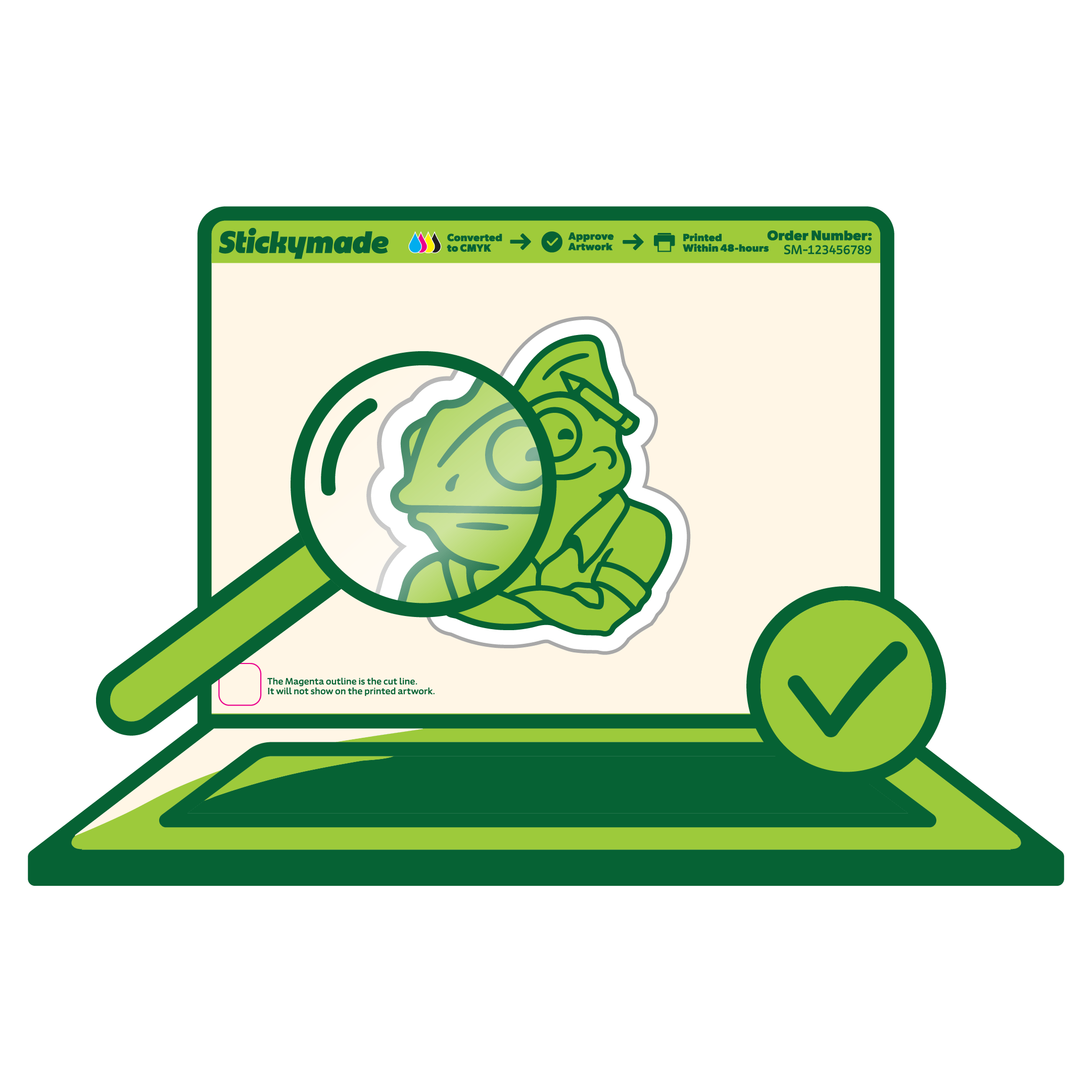 Green sticker with magnifying glass and check mark on a white background