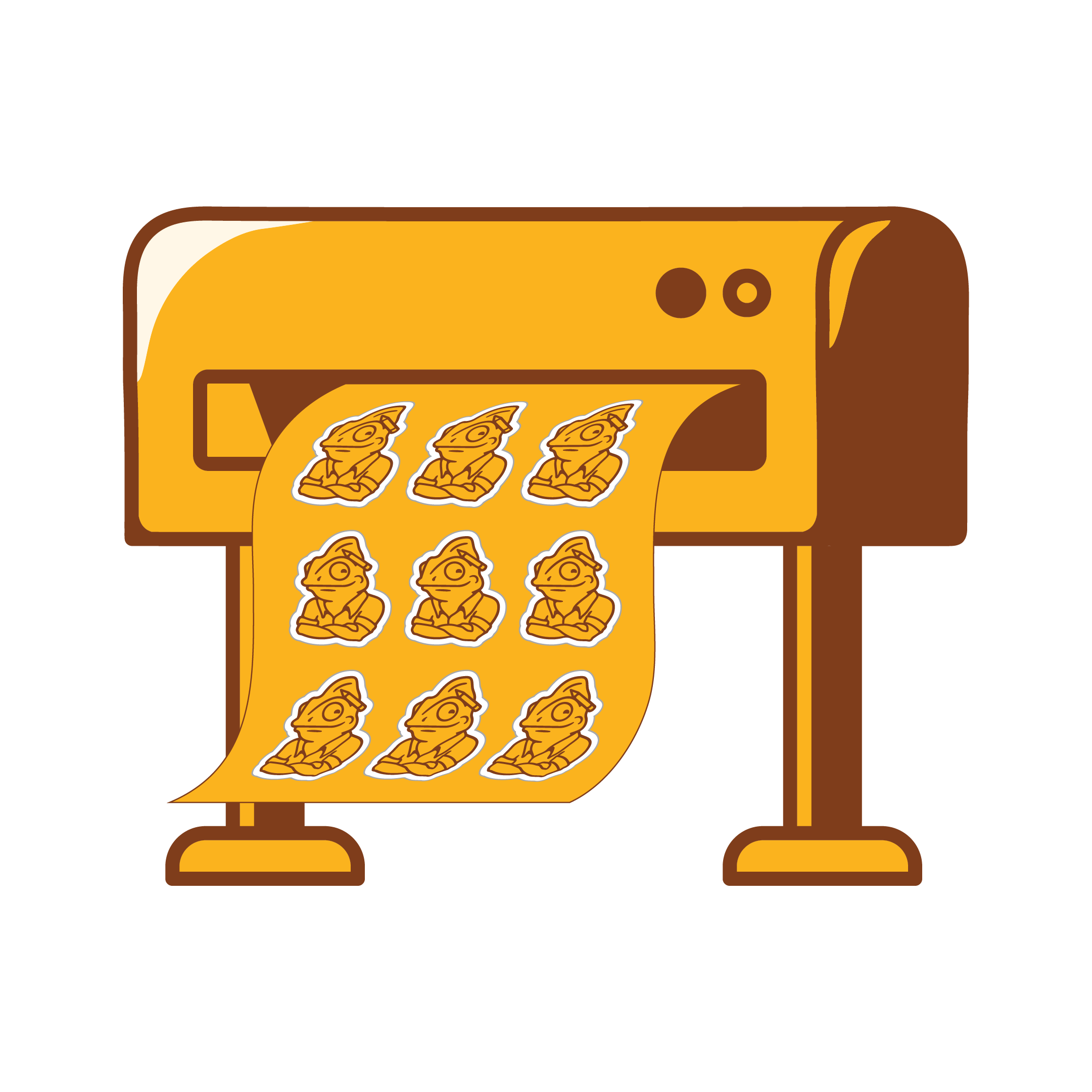 Illustration of a printing press with cartoonish faces on paper