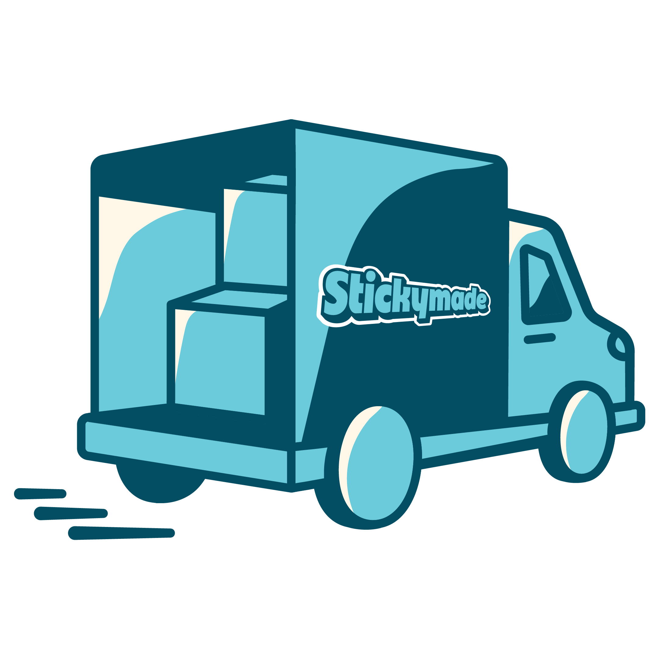Illustration of a delivery truck with 'Stickynmade' logo on a white background