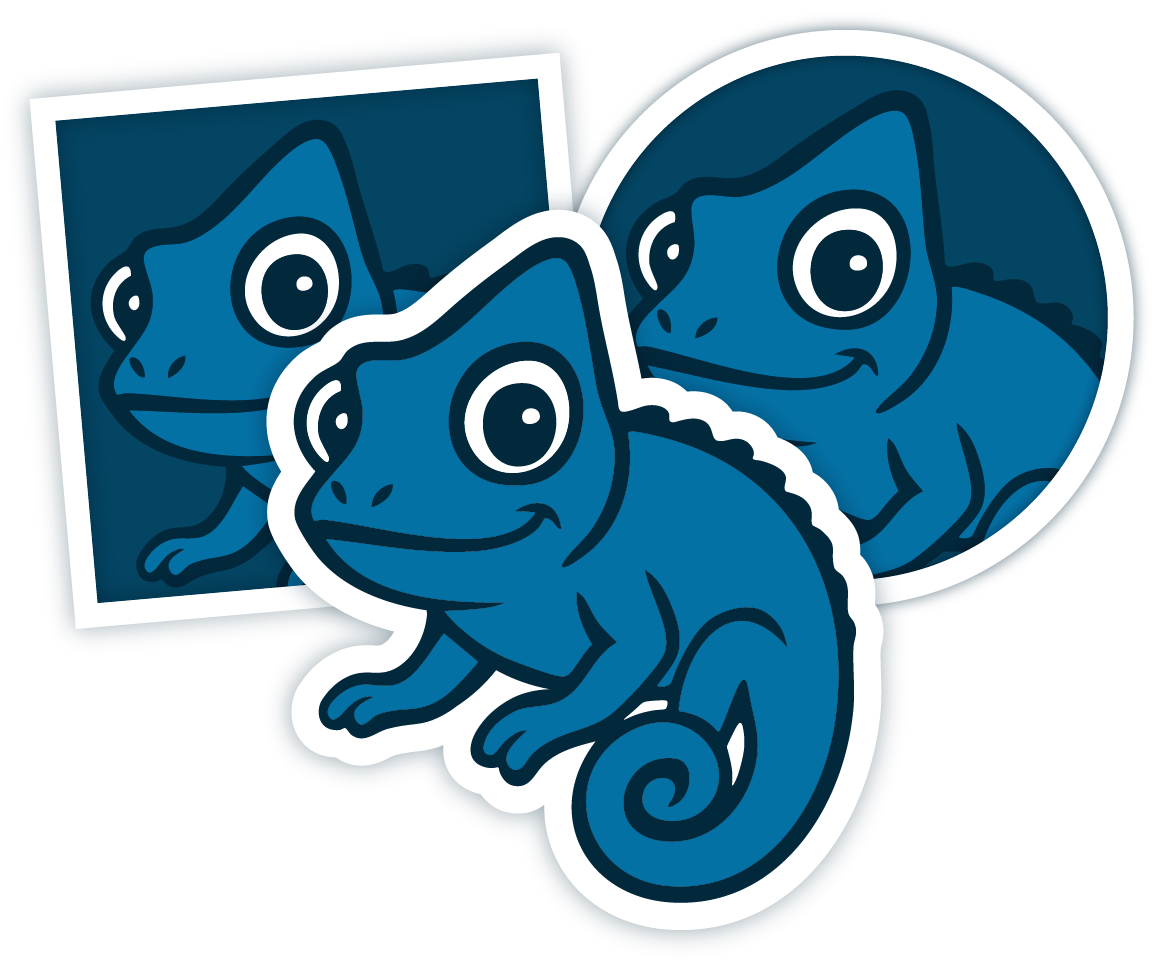 Three Stickymade chameleon stickers overlapping: a square and a circle in dark blue at the back, and a white‑outlined chameleon cut‑out sticker in front.