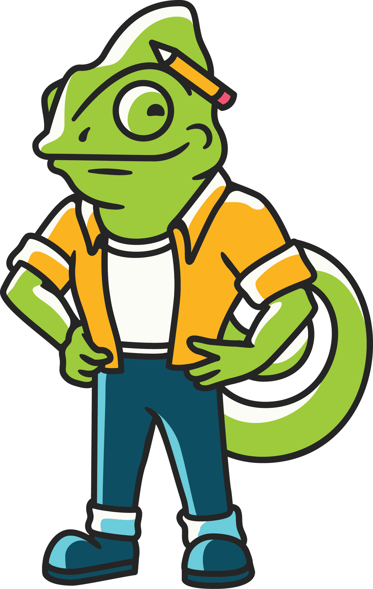 Cartoon lizard character wearing an orange jacket and blue pants, holding a green object.