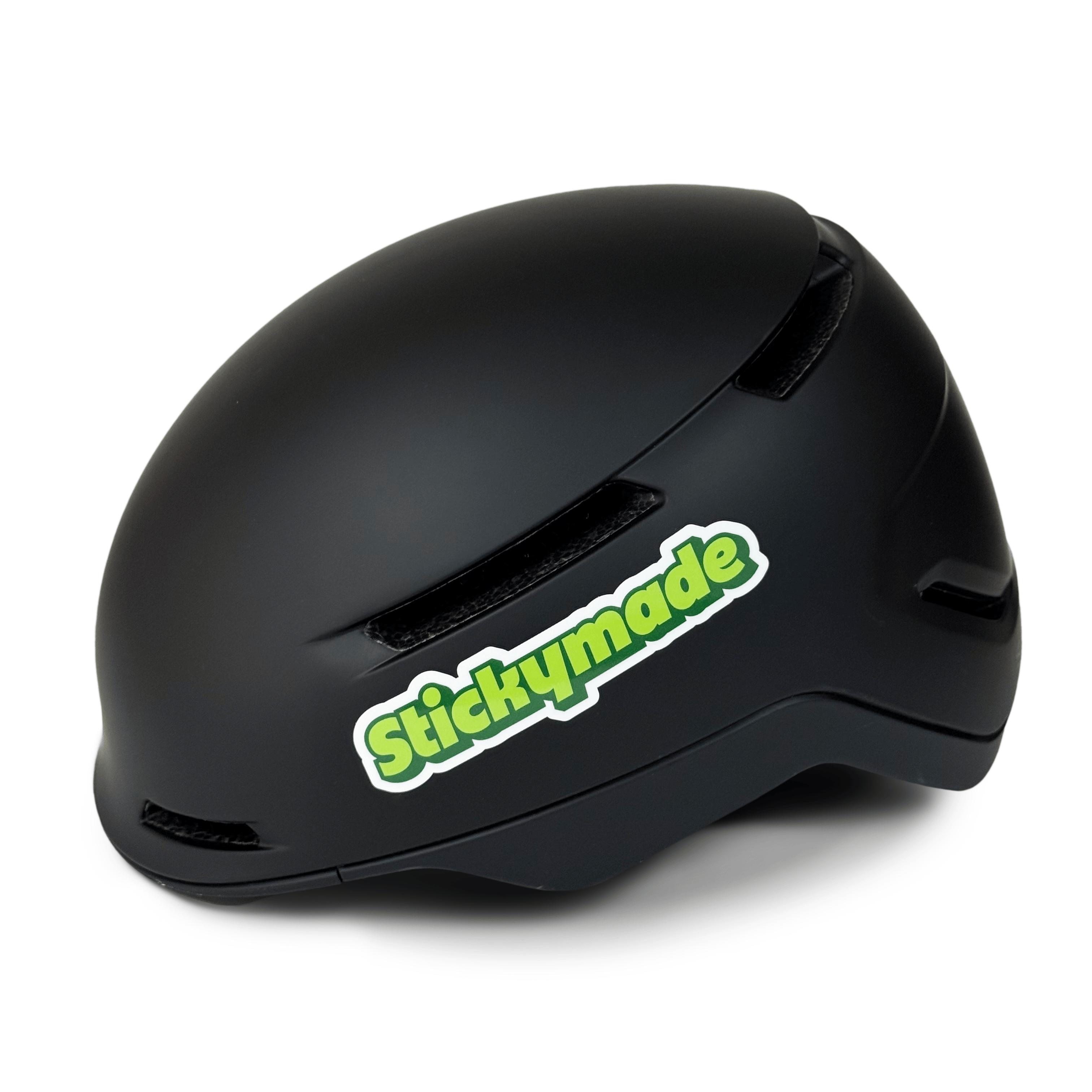 Black helmet with 'Stickymade' logo on a white background