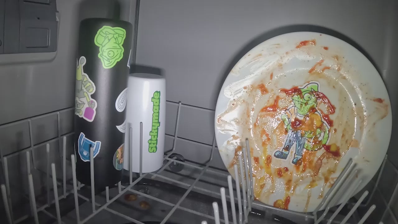 Load video: Sticker test in a dishwasher to prove durability