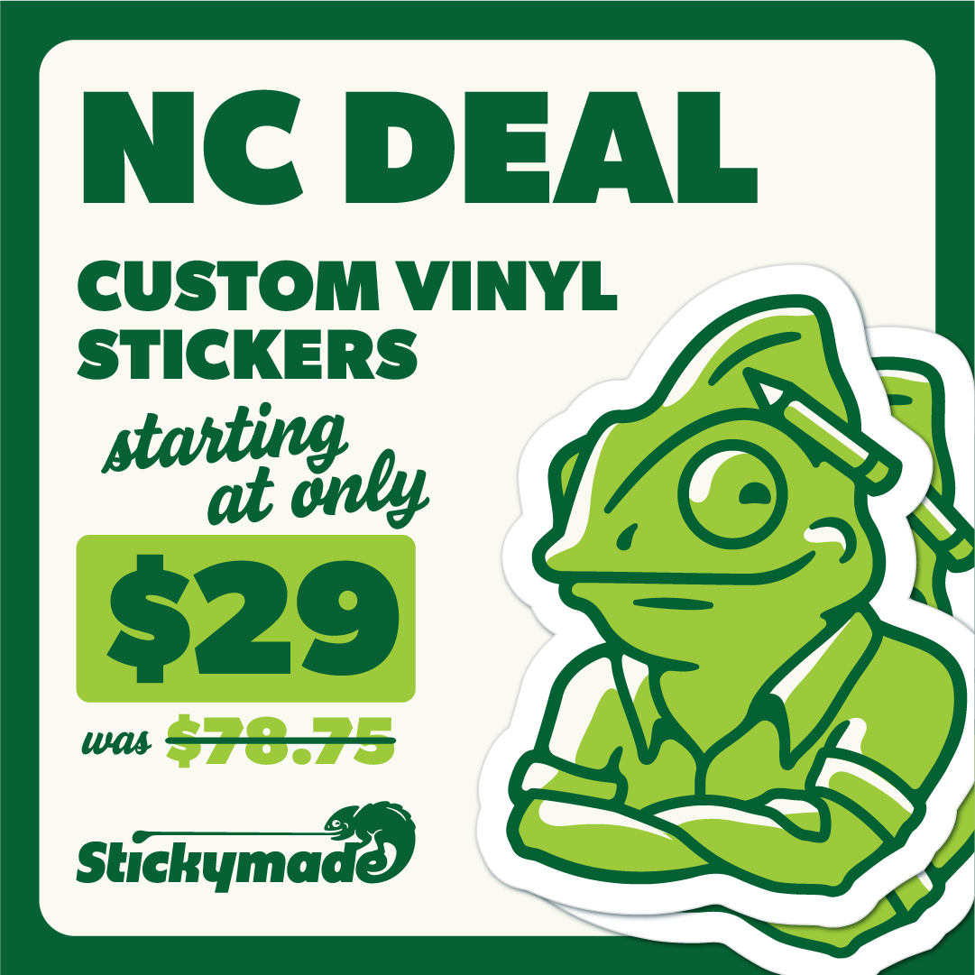 Promotional graphic for NC Deal on custom vinyl stickers with a green chameleon character and price information.