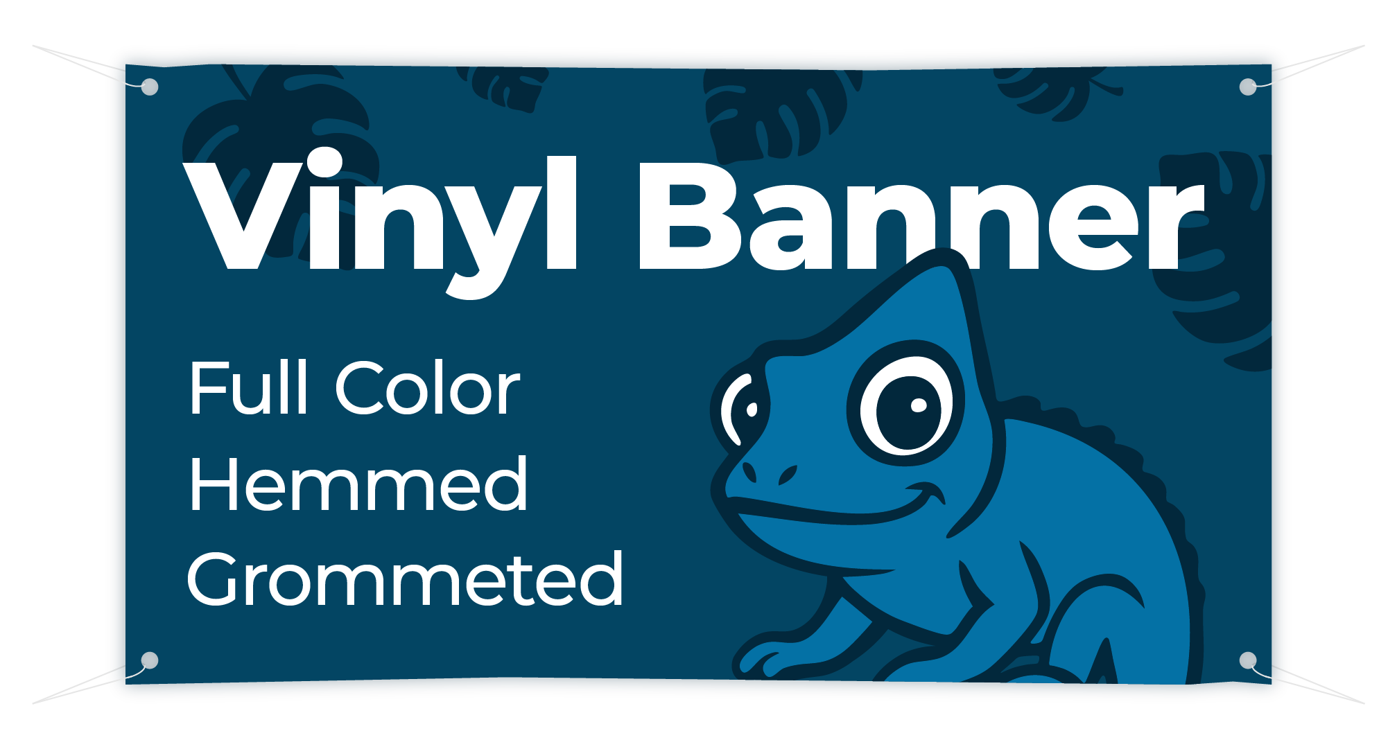 Blue vinyl banner mockup with large white text ‘Vinyl Banner’, a list reading ‘Full Color’, ‘Hemmed’, ‘Grommeted’ on the left, and a stylized blue Stickymade chameleon graphic on the right, complete with corner grommets and hanging cords.