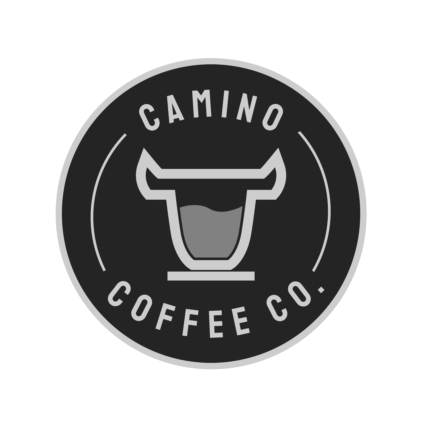 Camino Coffee Co. logo with a coffee cup graphic on a black background