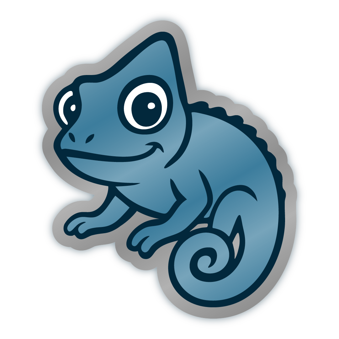 Blue Stickymade chameleon sticker with a metallic silver outline, dark‑blue stroke details, and a subtle gradient finish.
