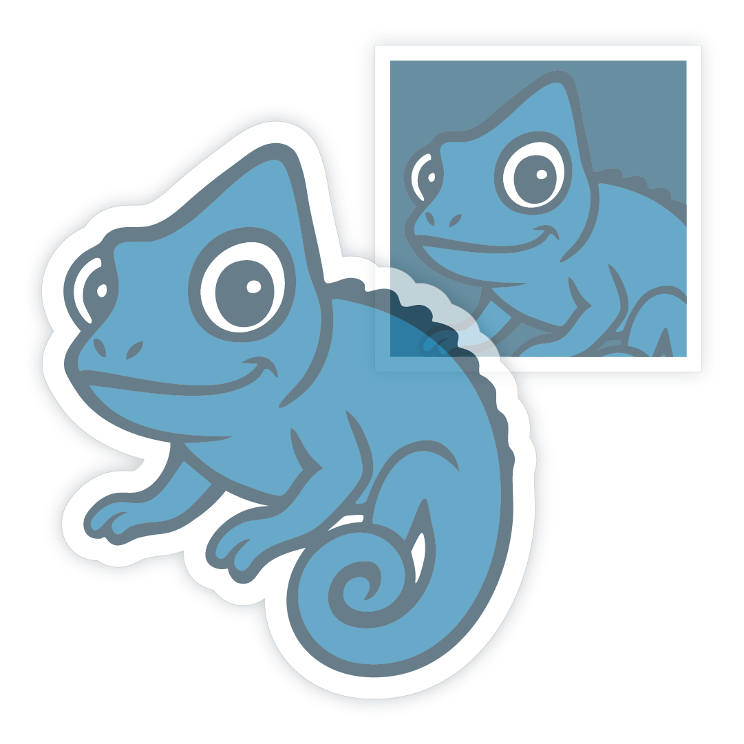 Blue Stickymade chameleon sticker with a clear white border, overlapping a semi‑transparent dark‑blue square print preview in the background.