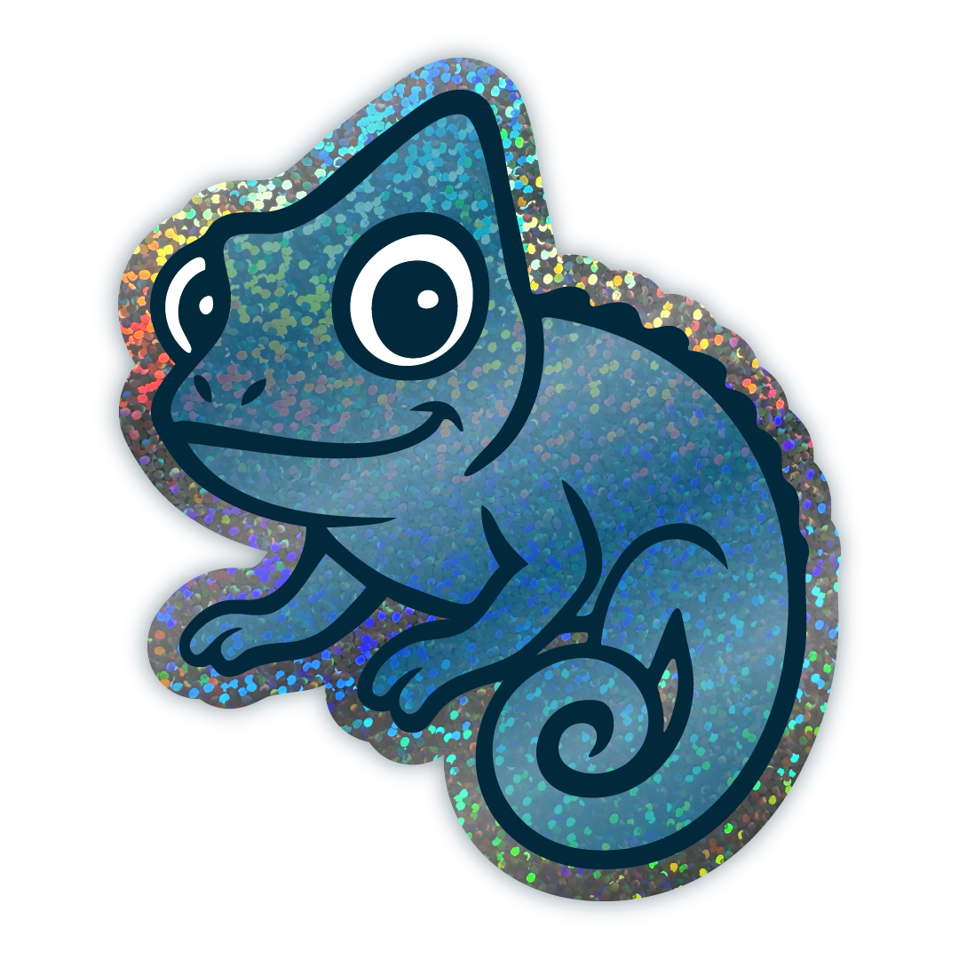 Holographic glitter Stickymade chameleon sticker with a sparkly multicolor finish and dark-blue outline.
