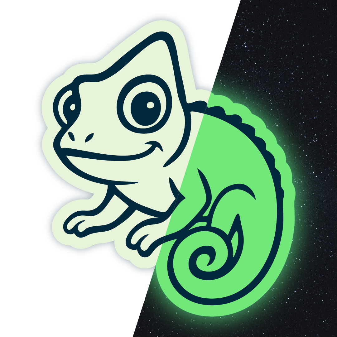 Split-design chameleon sticker: left half shows a pale glow‑in‑the‑dark finish, right half displays neon‑green glow with a starry night background.