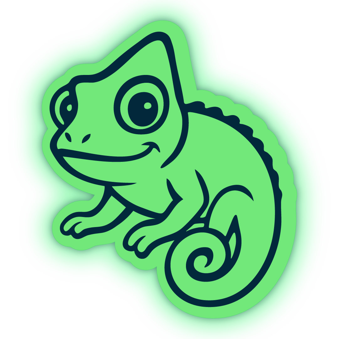 Neon‑green Stickymade chameleon sticker with a dark‑blue outline and subtle glowing halo effect.