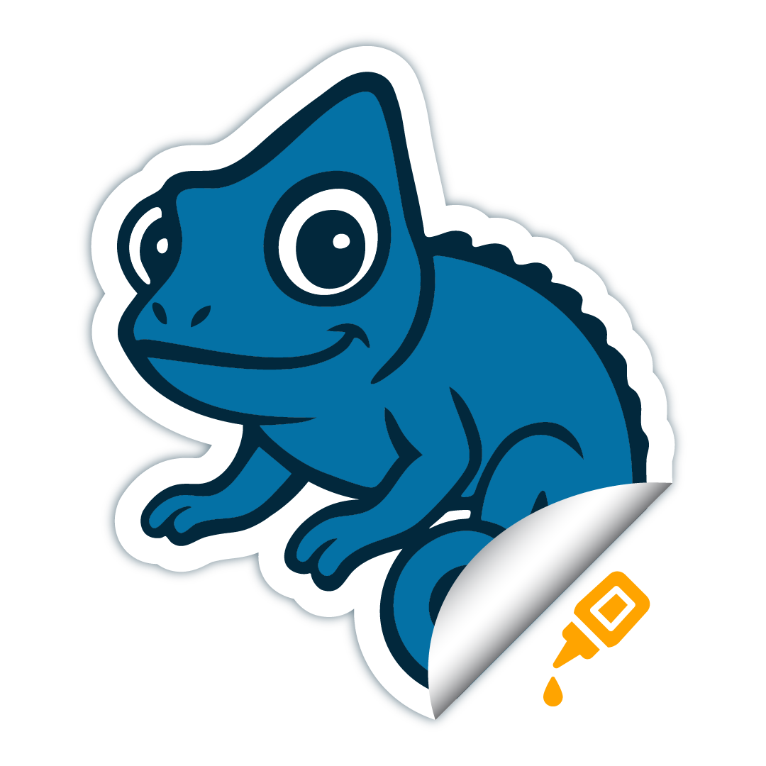 Blue Stickymade chameleon sticker with a white border, its bottom-right corner peeled back to reveal a dripping yellow glue icon underneath.