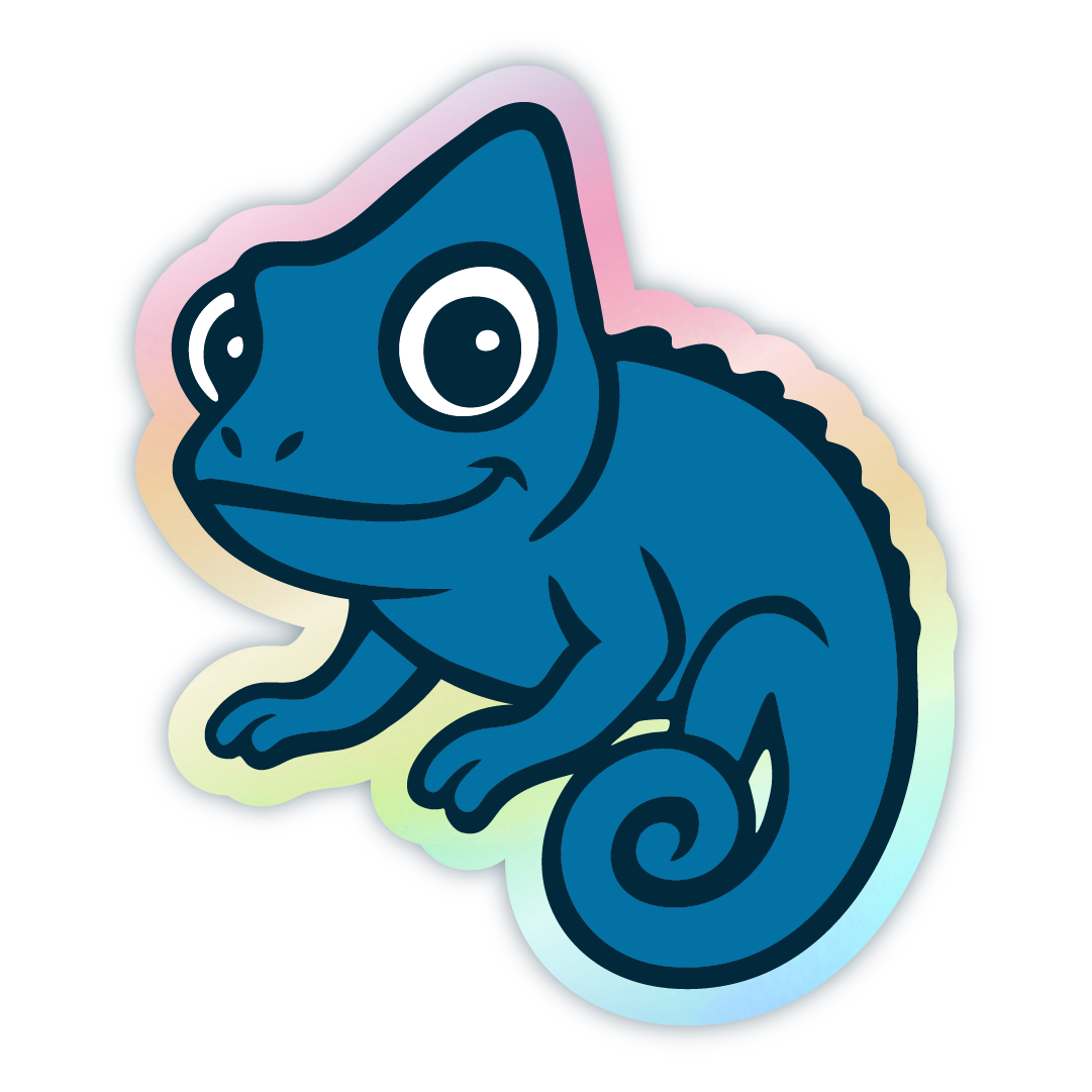 Blue Stickymade chameleon sticker featuring a smooth pastel gradient border transitioning from pink at the top through yellow to light blue at the bottom.
