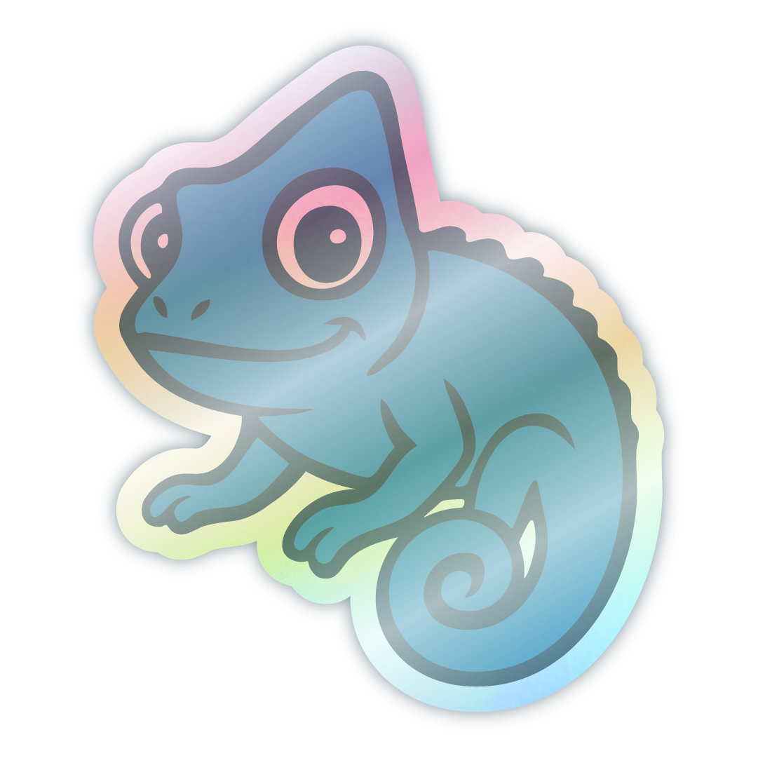 Stickymade chameleon sticker with a pastel iridescent gradient finish (pink, blue, yellow) and a white border.