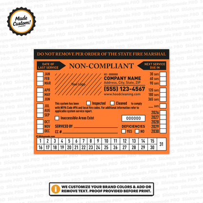 Hood Cleaning Sticker - Massachusetts Orange Non-Compliant