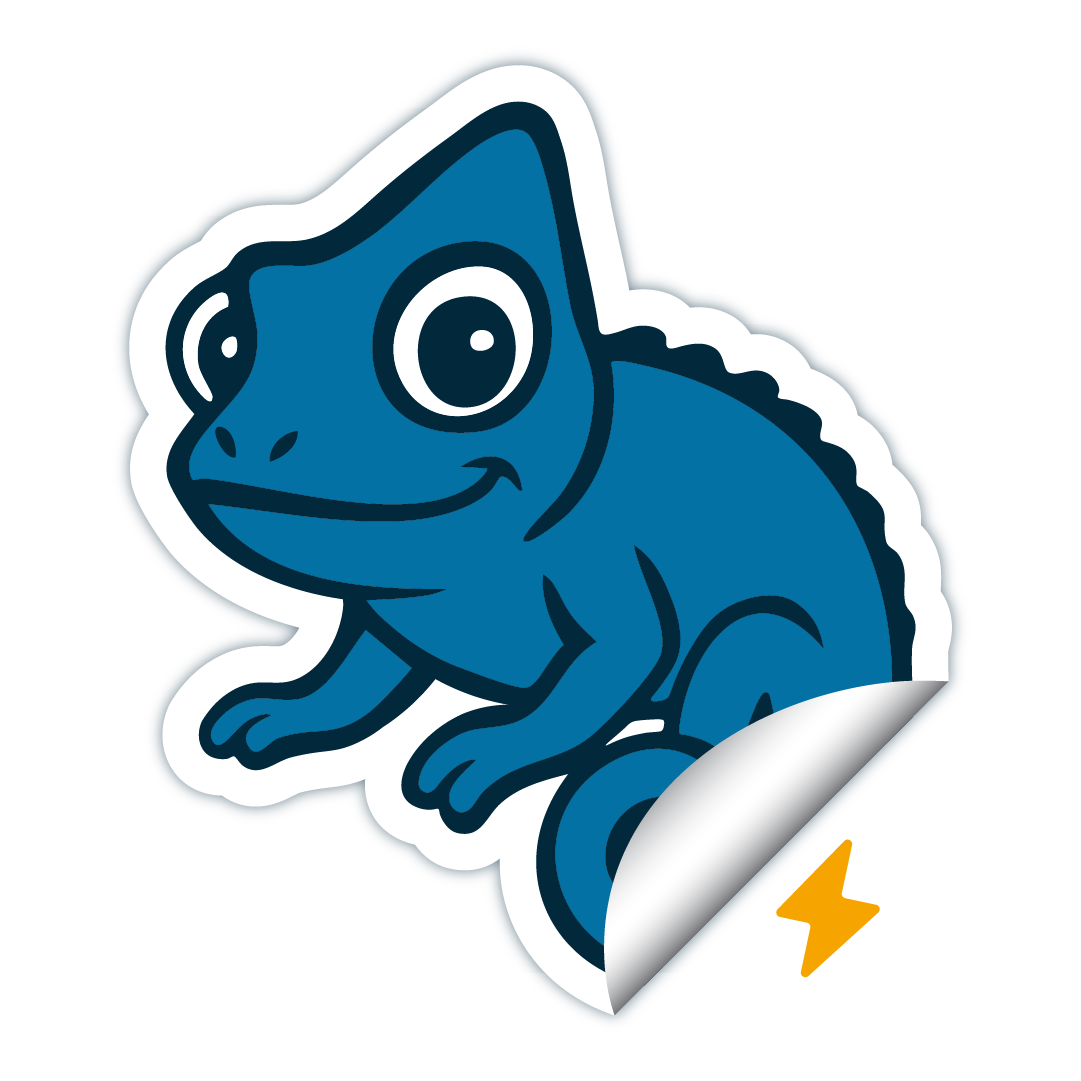Blue Stickymade chameleon sticker with a white border, its bottom‑right corner peeled back to reveal a yellow lightning bolt icon beneath.