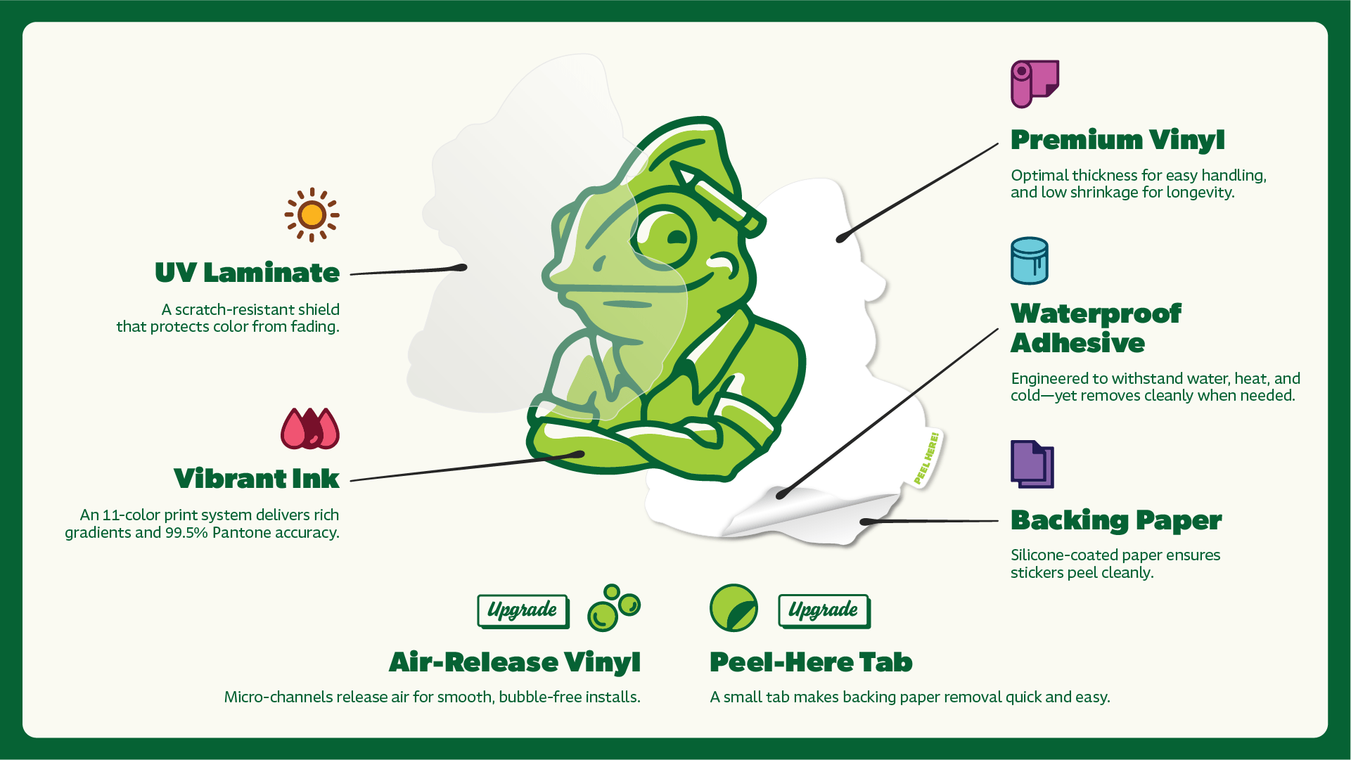 Diagram of a green vinyl sticker with features labeled on a white background