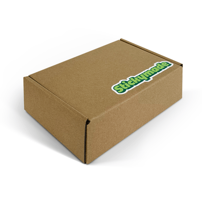Brown cardboard box with 'Stickymade' logo on a white background