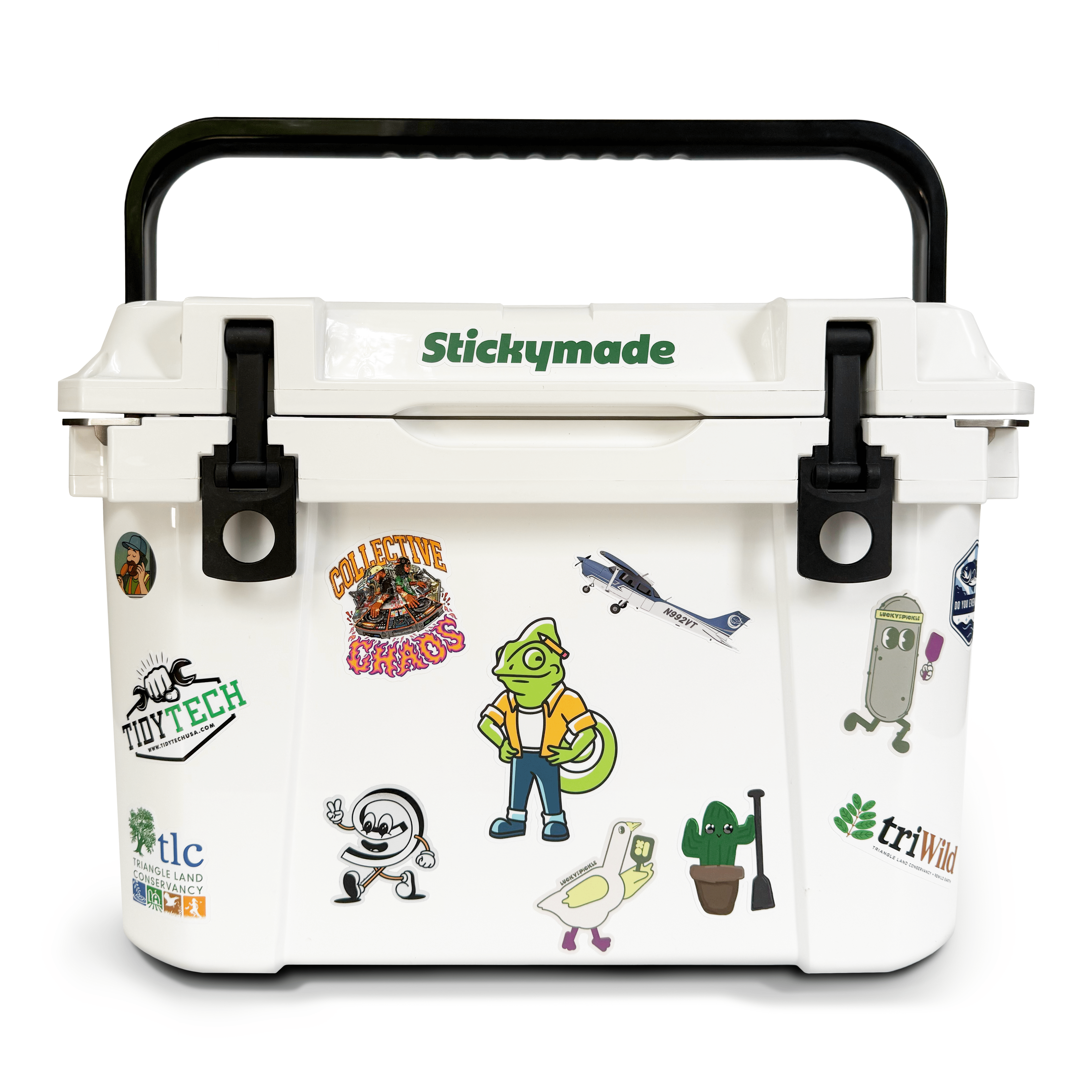 White cooler with colorful stickers and 'Stickymade' branding on a white background