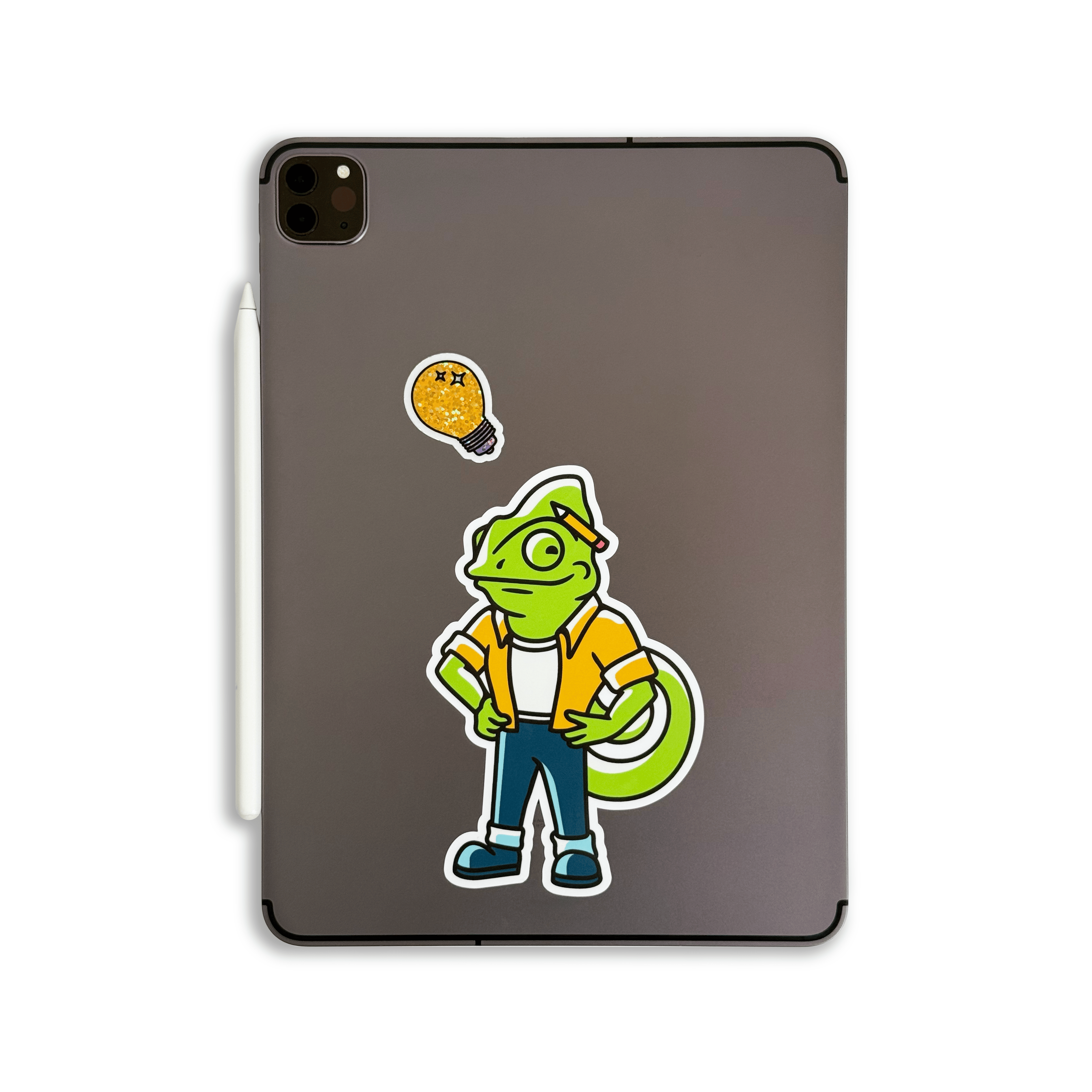 Gray tablet case with a cartoon lizard character and light bulb on a white background