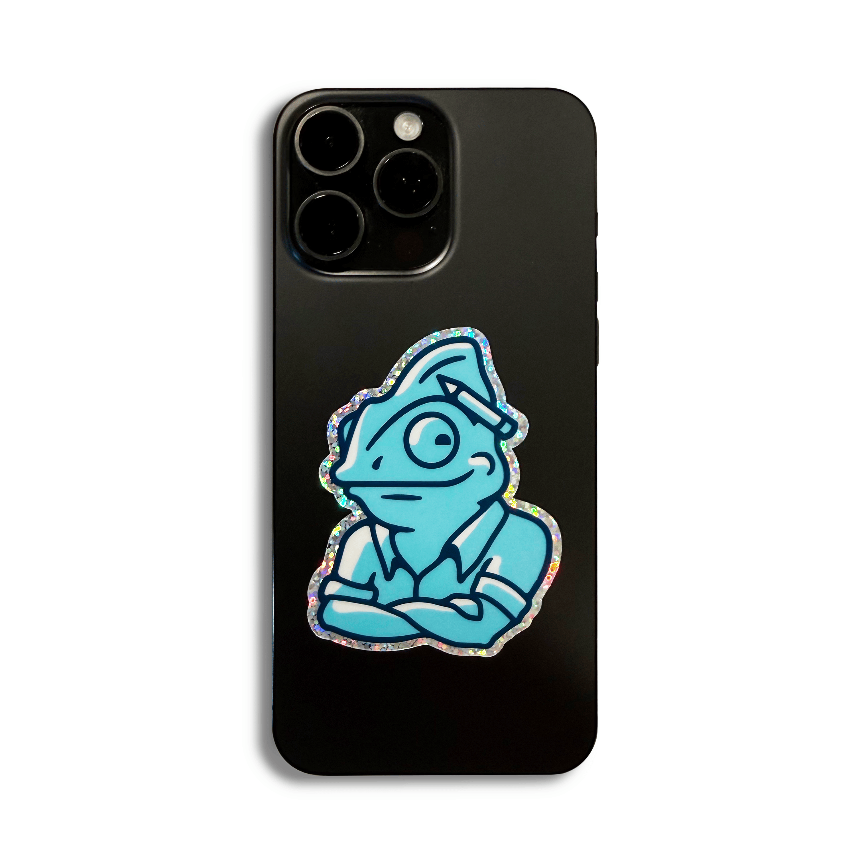 Black phone case with a blue cartoon character design on a white background