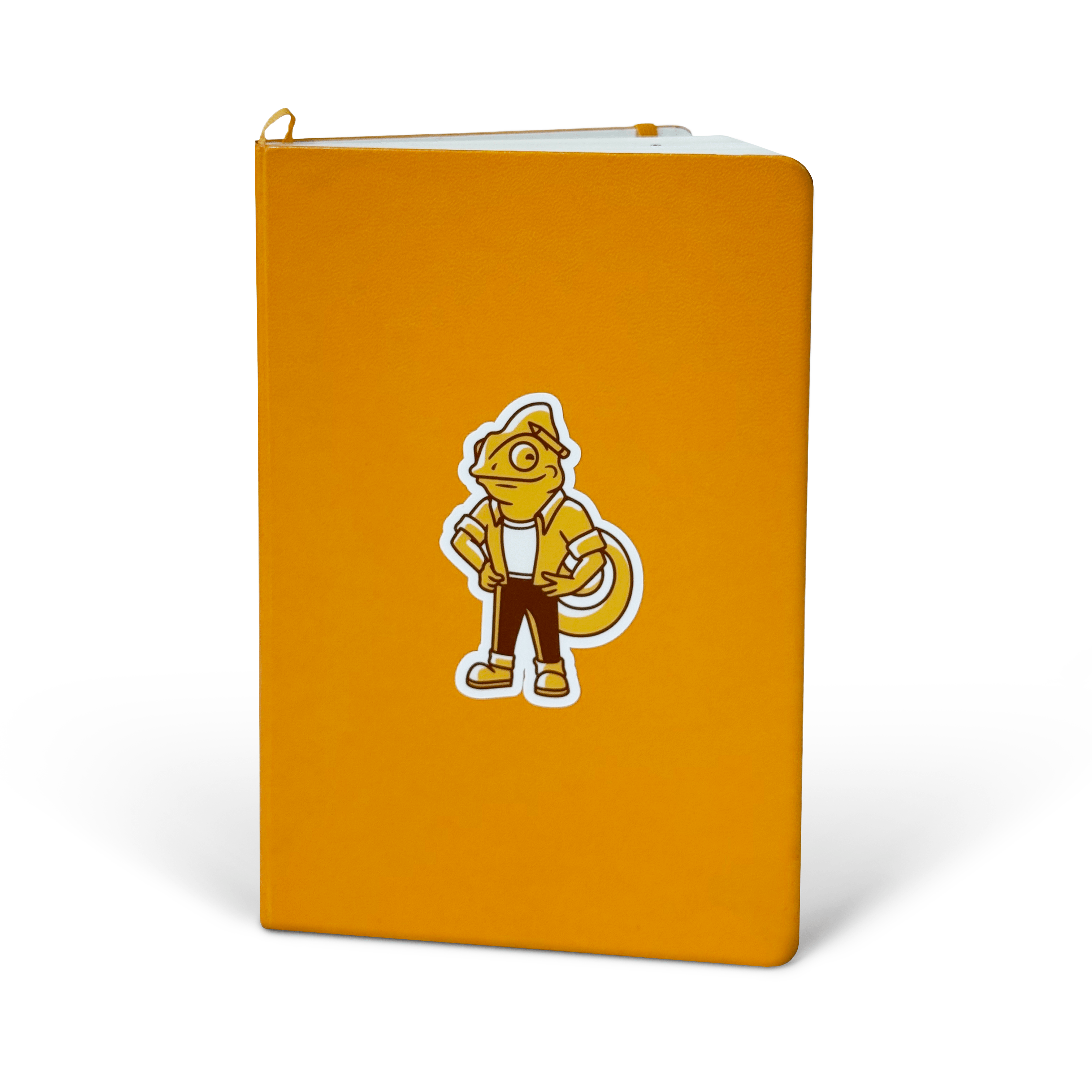 Orange notebook with a cartoon character sticker on a white background