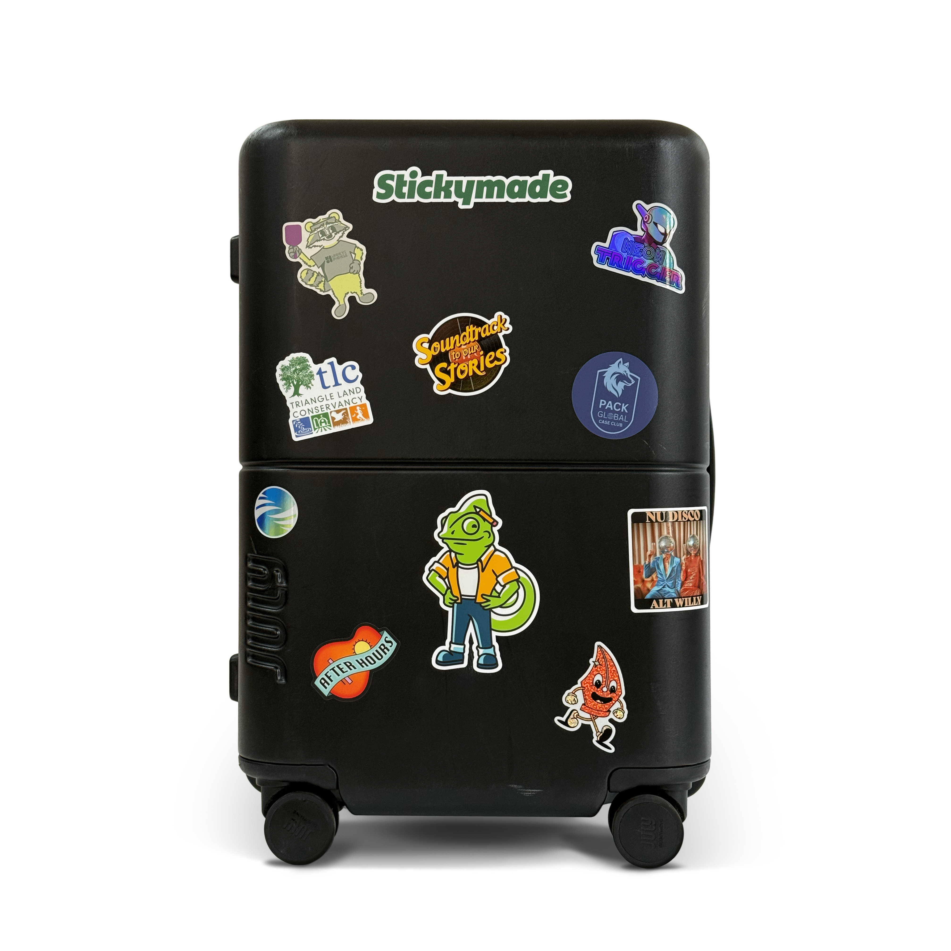 Black suitcase with various stickers on a white background