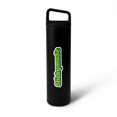 Black water bottle with green 'StickyMade' logo on a white background