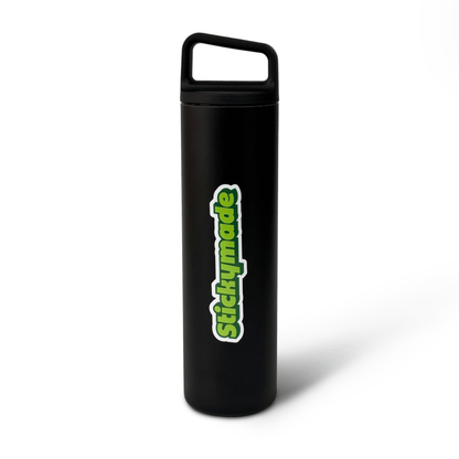 Black water bottle with green 'StickyMade' logo on a white background