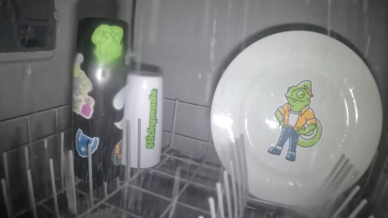 The same rack after one full dishwasher cycle: the plate is clean and every sticker is still on